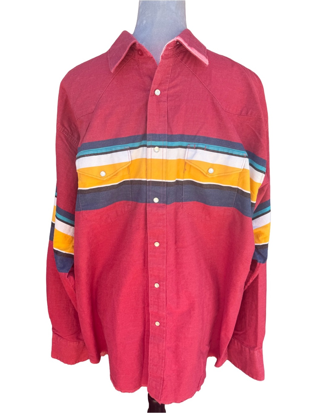 VTG 90s Wrangler Western Aztec Stripe Pearl Snap Shirt Maroon West Cowboy Men XL